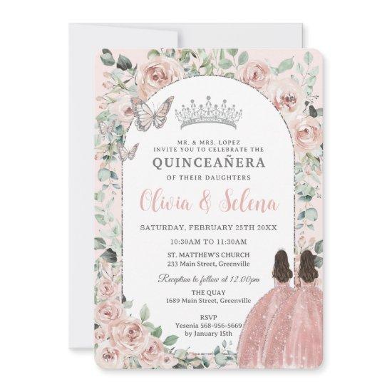 Blush Floral Twins Princesses Silver Quinceañera