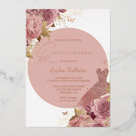 Blush Flowers & Dress Quinceanera Rose Gold Foil