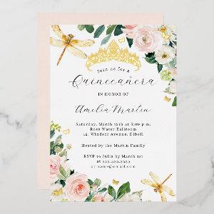 Blush Gold Floral Dragonfly Quinceanera   Foil
