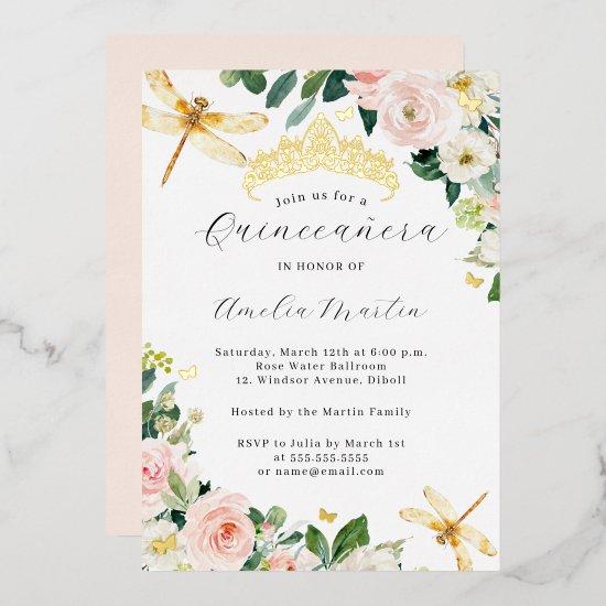 Blush Gold Floral Dragonfly Quinceanera   Foil