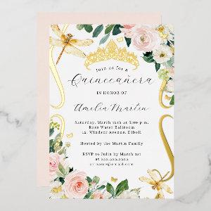 Blush Gold Floral Dragonfly Scroll Quinceanera   Foil