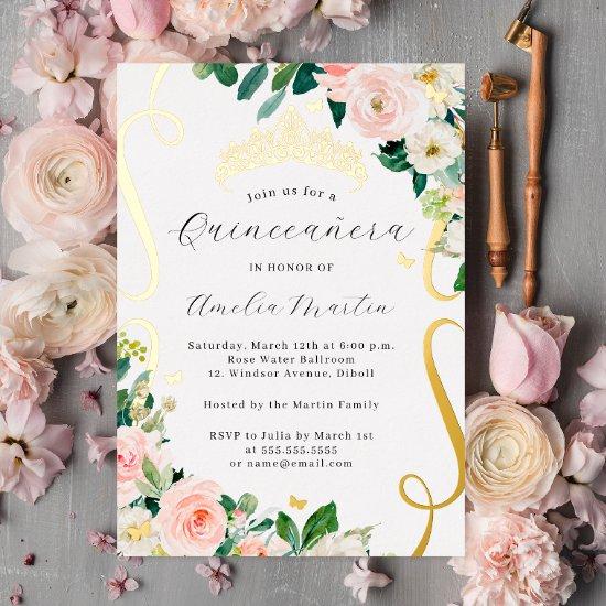 Blush Gold Floral Flowers Scroll Quinceanera   Foil
