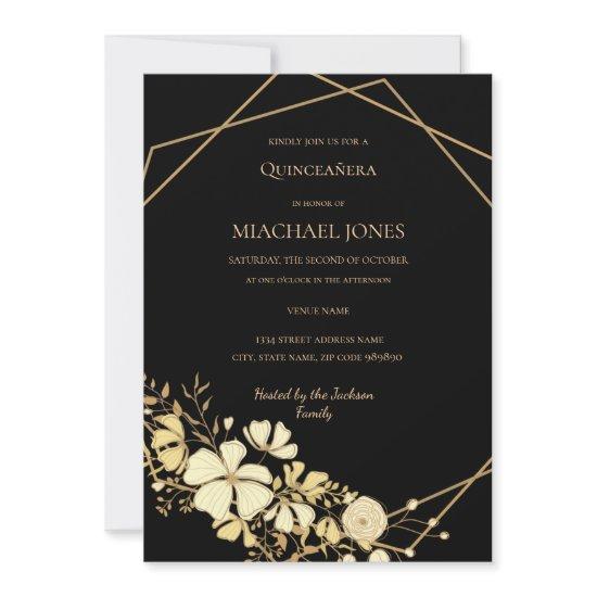 Blush Gold Floral Geometric Quinceanera  Invitatio