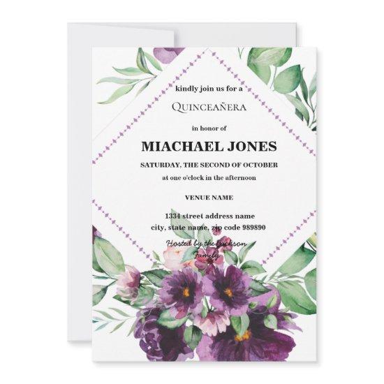 Blush Gold Floral Geometric Quinceanera  Invitatio