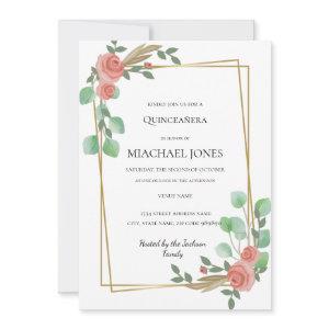 Blush Gold Floral Geometric Quinceanera  Invitatio