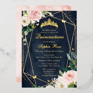 Blush Gold Navy Floral Butterfly Quinceanera Foil