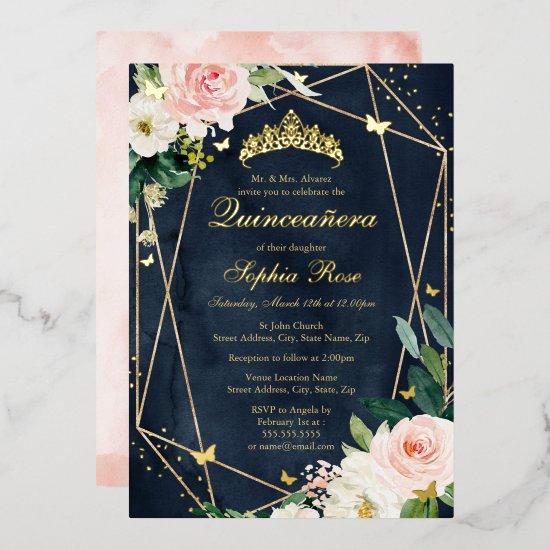 Blush Gold Navy Floral Butterfly Quinceanera Foil