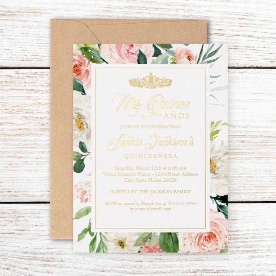 Blush Gold Watercolor Floral Quinceanera  Foil