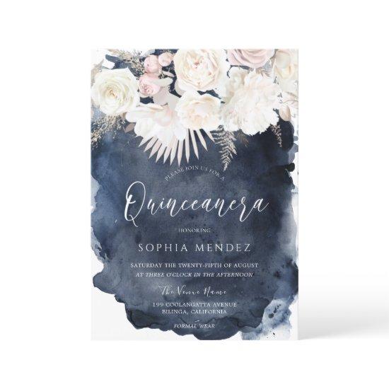 Blush Ivory & Navy Watercolor Splash Quinceanera