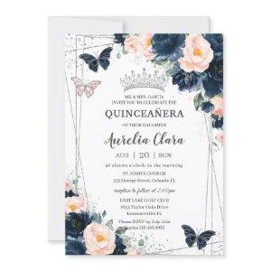 Blush Navy Blue Floral Butterflies Quinceañera