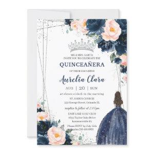 Blush Navy Blue Floral Princess Silver Quinceañera