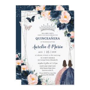 Blush Navy Blue Floral Silver Twins Quinceañera