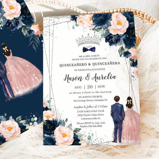 Blush Navy Blue Floral Twins Boy Girl Quinceañera