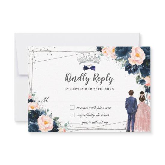 Blush Navy Blue Floral Twins Boy Girl Quinceañera RSVP Card