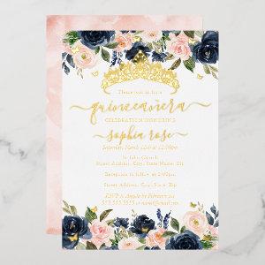 Blush Navy Floral Golden Butterfly Quinceanera Foil