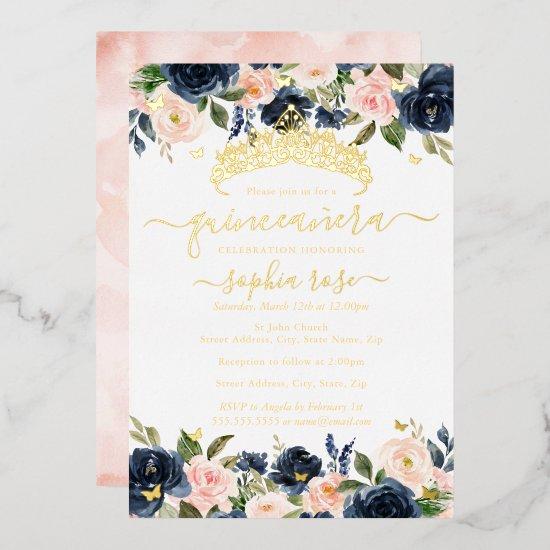 Blush Navy Floral Golden Butterfly Quinceanera Foil