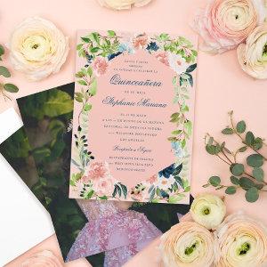 Blush Navy Floral Greenery Romantic Quinceañera