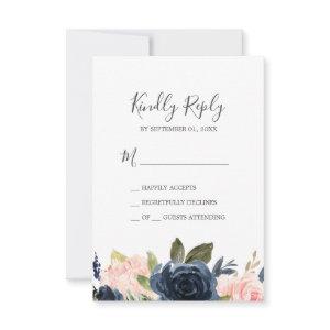 Blush & Navy Flowers | White Simple RSVP Card