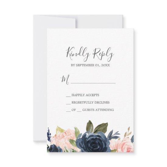 Blush & Navy Flowers | White Simple RSVP Card