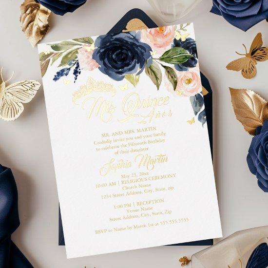 Blush Navy Gold Butterfly Mis Quince Quinceanera Foil