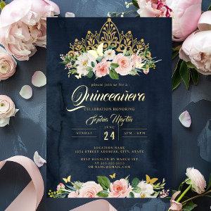 Blush Navy Gold Floral Butterfly Tiara Quinceanera Foil