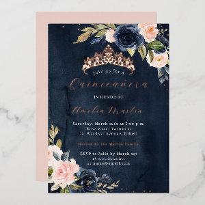 Blush Navy Watercolor Rose Gold Quinceanera  Foil