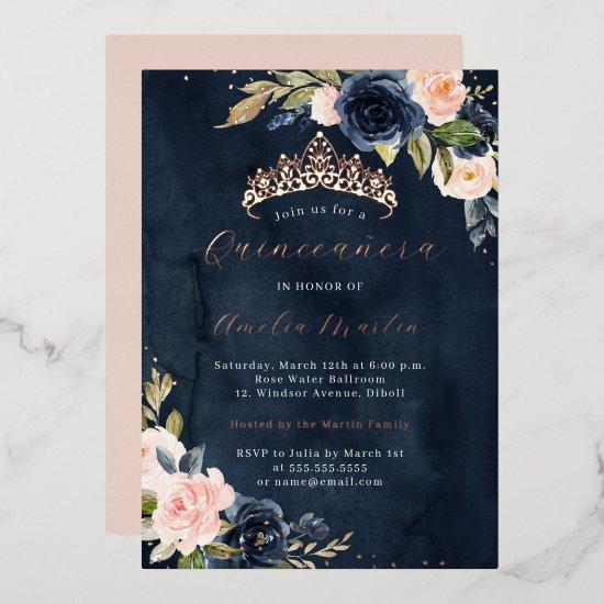 Blush Navy Watercolor Rose Gold Quinceanera  Foil