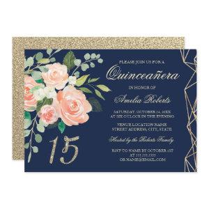 Blush Peach Floral Gold Glitter Navy Quinceanera