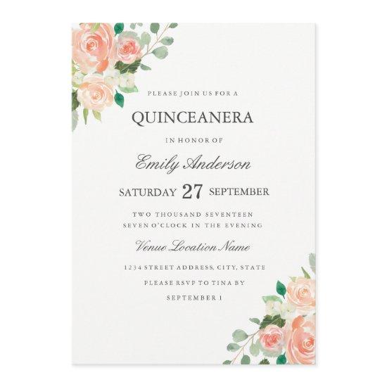 Blush Peach Floral Watercolor Quinceanera Invite