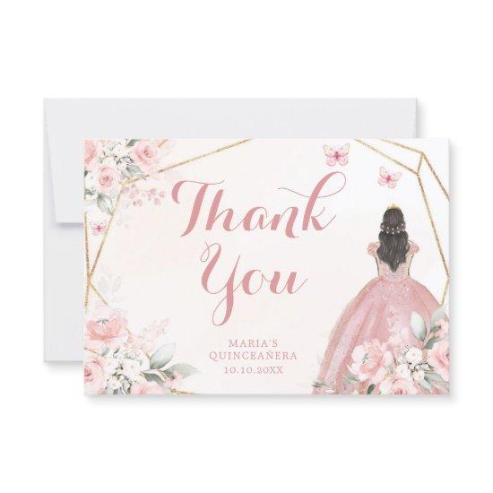 Blush Pink and Gold Floral Quinceanera Thank You Card