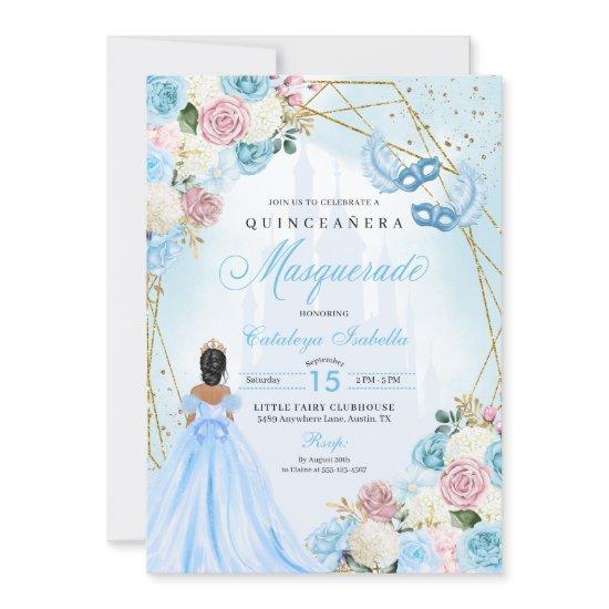 Blush Pink Blue Cinderella Masquerade Quinceanera