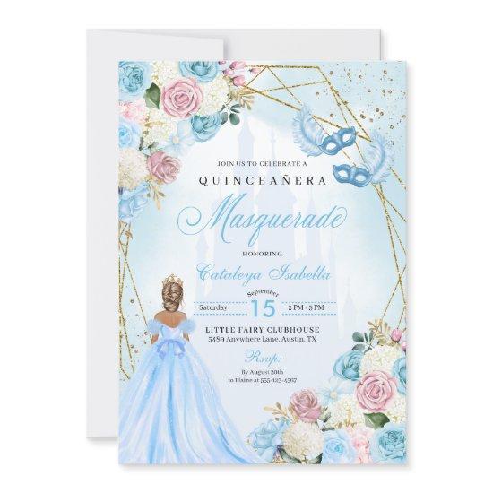 Blush Pink Blue Cinderella Masquerade Quinceanera