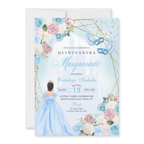 Blush Pink Blue Cinderella Masquerade Quinceanera