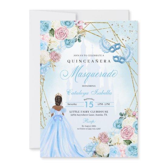 Blush Pink Blue Cinderella Masquerade Quinceanera