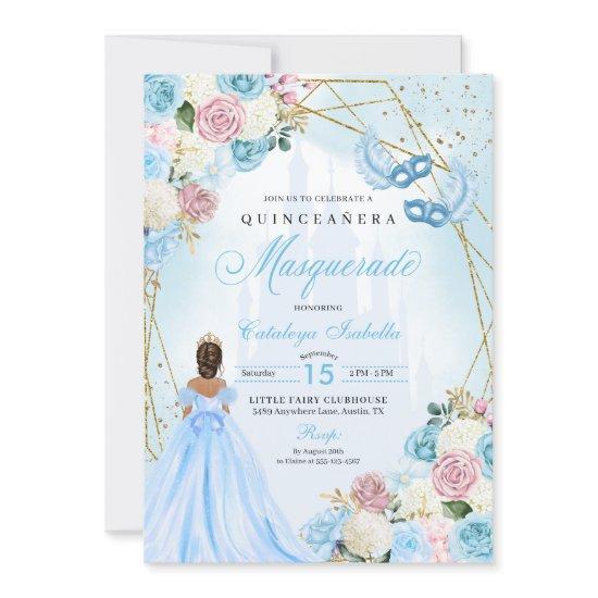 Blush Pink Blue Cinderella Masquerade Quinceanera