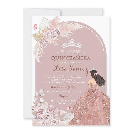 Blush Pink Boho Pampas Grass Quinceañera Invitatio