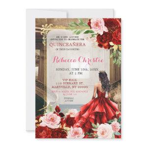 Blush Pink Bright Red Floral Quinceañera