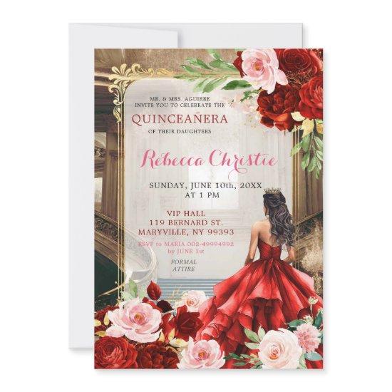 Blush Pink Bright Red Floral Quinceañera