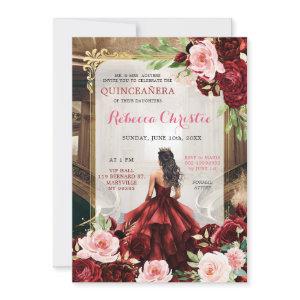 Blush Pink Burgundy Red Floral Quinceañera
