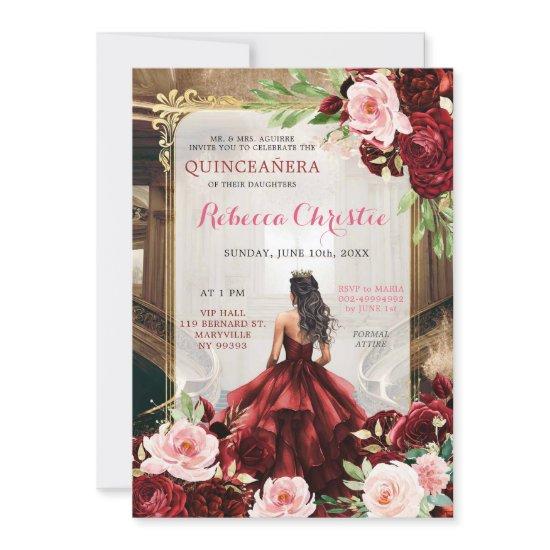 Blush Pink Burgundy Red Floral Quinceañera