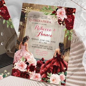 Blush Pink Burgundy Red Floral Twins Quinceañera