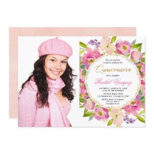 Blush pink coral gold floral Quinceanera photo