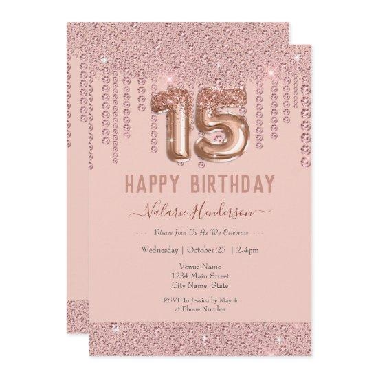 Blush Pink Diamond Drips Happy 15th Birthday