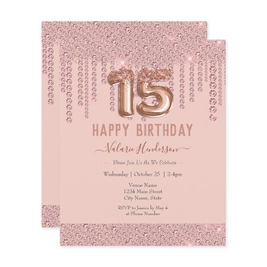 Blush Pink Diamond Drips Happy 15th Birthday