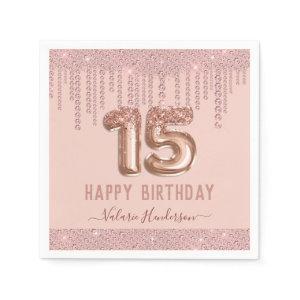 Blush Pink Diamond Drips Happy 15th Birthday Napkins
