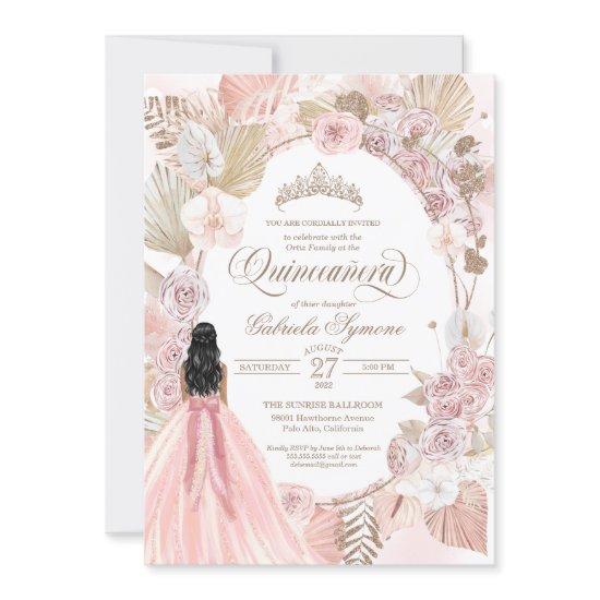 Blush Pink Dried Floral Rose Boho Quinceanera