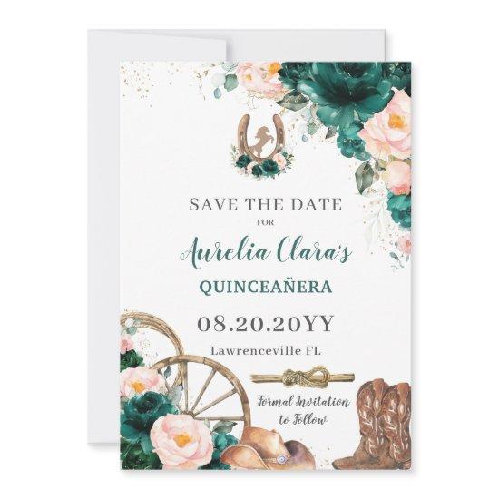 Blush Pink Emerald Green Wild West Quinceañera  Save The Date