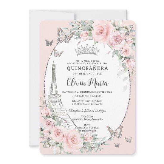 Blush Pink Floral Butterflies Paris Quinceañera