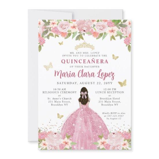 Blush Pink Floral Butterfly Princess Quinceanera
