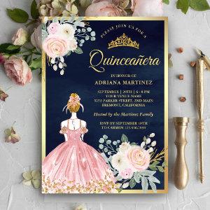 Blush Pink Floral Dress Navy Blue Gold Quinceanera